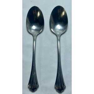 2 ONEIDA FALKIRK Cutlery Table Soup Spoons Vintage Scrolled Handles